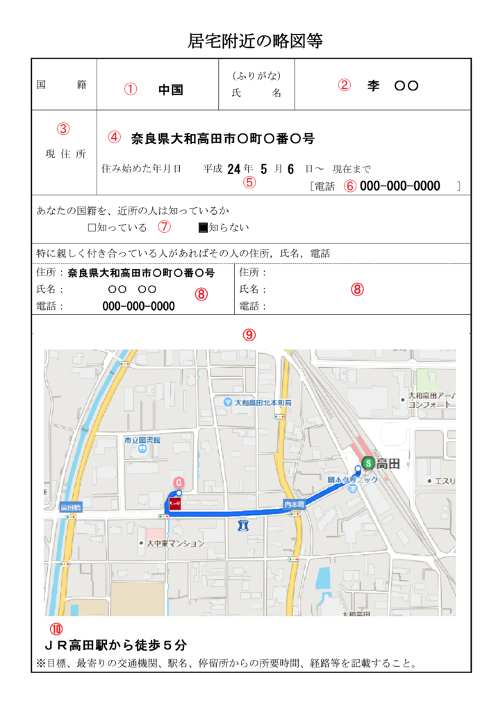 書き方 申請者の居宅付近の略図等 帰化申請 大阪 奈良
